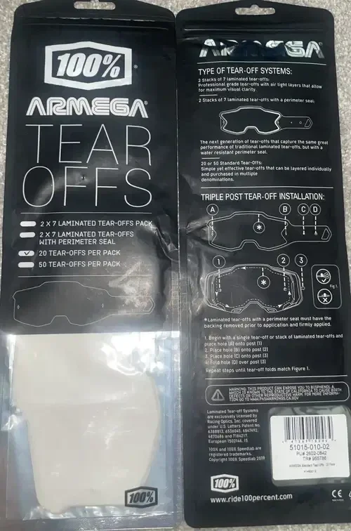 100% Percent Brand Armega Standard Goggle Tear Offs (2 Packs of 20) 40 Tear Offs