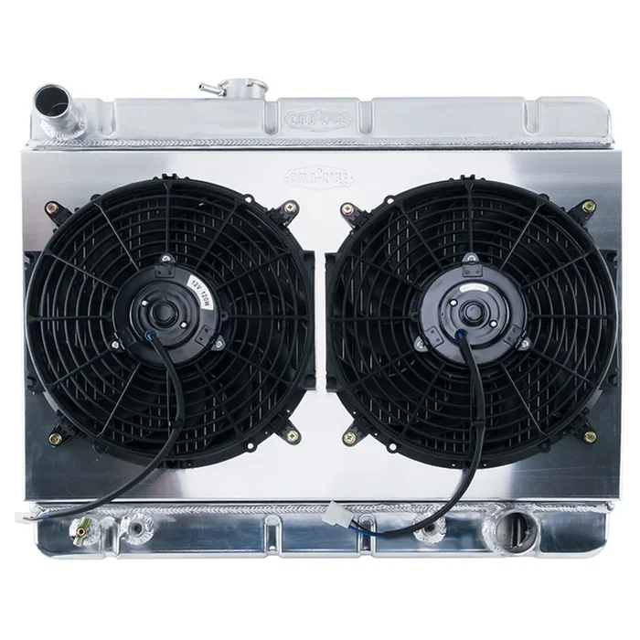 Cold-Case Aluminum Radiator and Fan – 25.125 ” W x 21.875 ” H x 3 ” D – Driver Side Inlet – Passenger Side Outlet – With Air Conditioning – Polished – Automatic – GM A-Body 1966-67