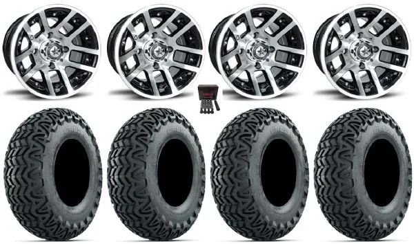 Fairway Alloys Illusion 10″ Golf Wheels Black 22″ Predator A/T Tires Yamaha