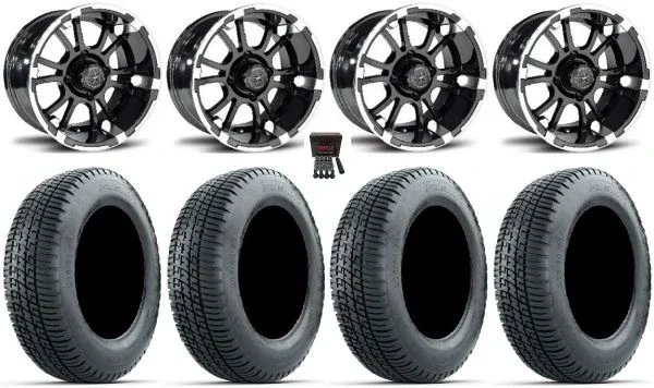Fairway Alloys Sixer 12″ Wheels Black 205×30 Fusion Street Tires E-Z-GO&Club Car