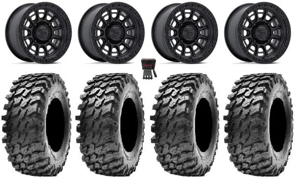 Fuel Cycle 15″ Wheels Black +10mm 30″ Rampage Tires Kawasaki Mule Pro FXT KRX / Yamaha Wolverine RMAX / YXZ 2019+