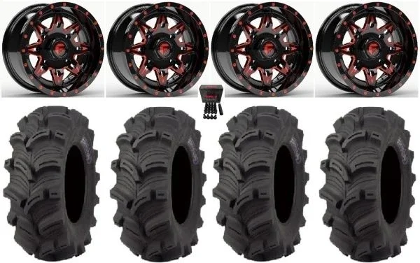 Fuel Lethal 14″ Wheels Red 28″ Executioner Tires Kawasaki Mule Pro FXT KRX / Yamaha Wolverine RMAX / YXZ 2019+
