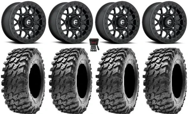 Fuel Tech Beadlock Black 15″ Wheels 30″ Rampage Tires Can-Am Commander Maverick Renegade Outlander Defender