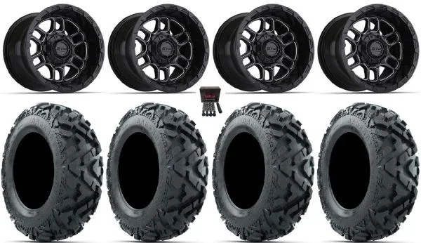 GTW Titan 14″ Golf Wheels Black/Machined 25″ Barrage Mud Tires Yamaha