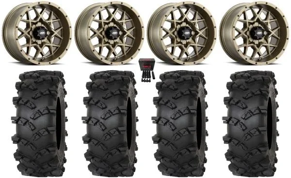 ITP Hurricane 14″ Wheels Bronze 28″ Outlaw M/T Tires Kawasaki Mule Pro FXT KRX / Yamaha Wolverine RMAX / YXZ 2019+