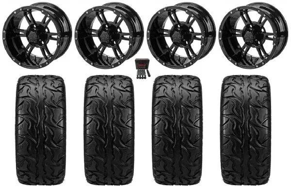 LSI Raptor 12″ Golf Wheels Gloss Black 23″ RT66 Cruiser Tires E-Z-GO & Club Car