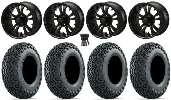 LSI Warlock 14″ Golf Wheels Gloss Black 23″ Predator A/T Tires Yamaha