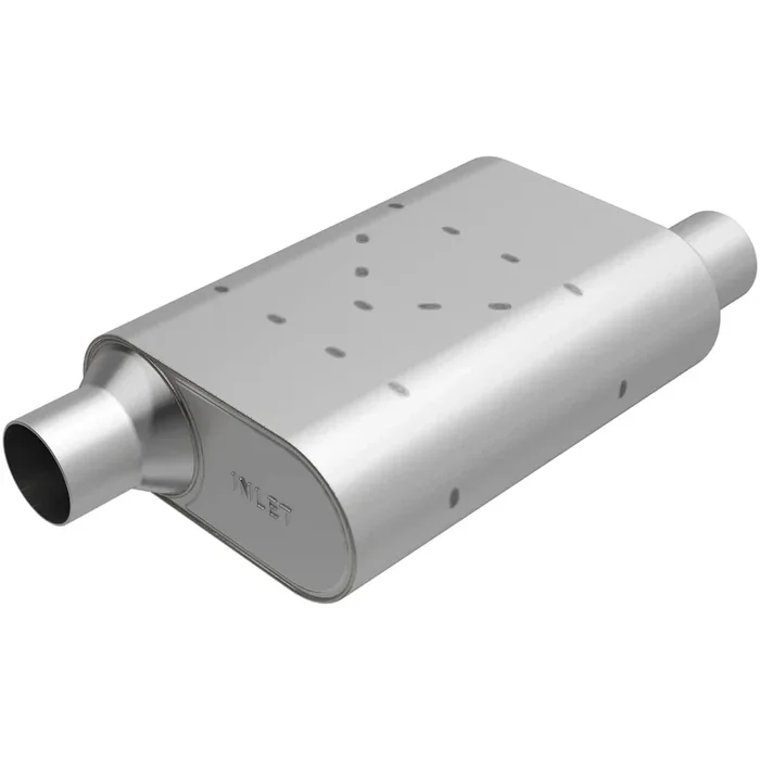Magnaflow Rumble Muffler – 2-1/4 in Offset Inlet – 2-1/4 in Offset Outlet – 13 x 4-1/4 x 9-1/2 in Oval Body – 18-1/2 in Long – Stainless