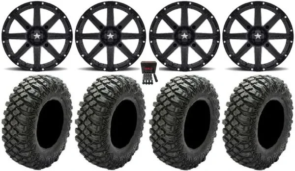MSA Black Clutch 14″ UTV Wheels 32″ Crawler XG Tires Kawasaki Mule Pro FXT KRX / Yamaha Wolverine RMAX / YXZ 2019+