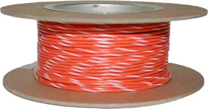 NAMZ CUSTOM CYCLE #18-GAUGE ORANGE/WHITE STRIPE 100′ SPOOL OF PRIMARY WIRE
