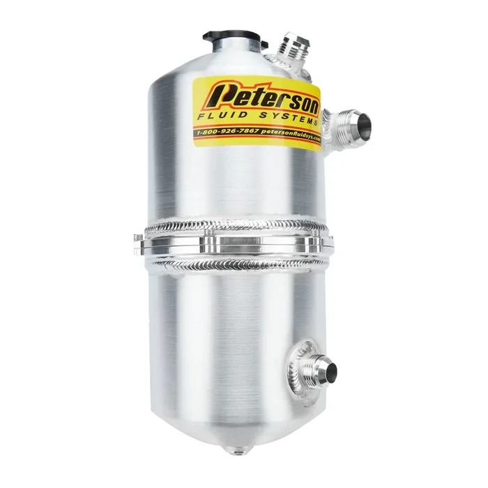 Peterson Dry Sump Oil Tank – 6 Quart – 15-1/2 in Tall – 6 in OD – 12 AN Male Inlet – 12 AN Male Outlet – 16 AN Male Vent