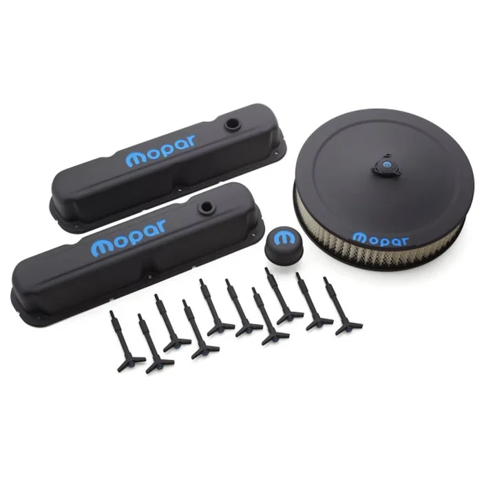 Proform Engine Dress Up Kit – Recessed Blue Mopar Logo – Steel – Black Crinkle – Small Block Mopar