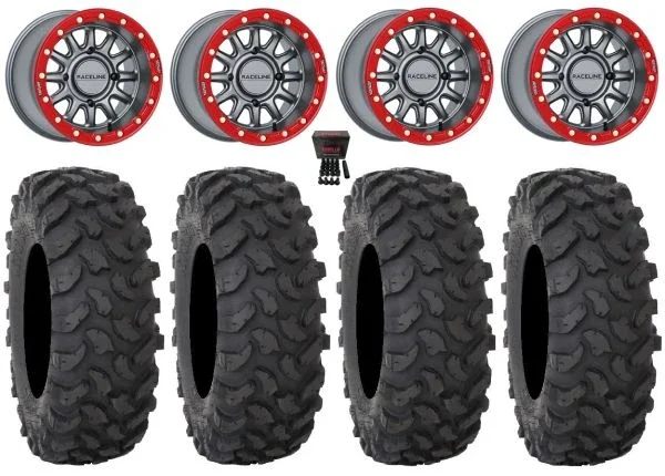 Raceline Alpha Bdlk 15″ Wheels Gm 32″ XTR370 Tires Can-Am Commander Maverick Renegade Outlander Defender