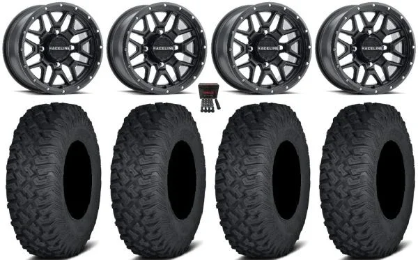 Raceline Krank 14″ Wheels Bk +38mm/+10mm 30″ Coyote Tires CanAm Defender