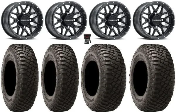 Raceline Krank 14″ Wheels Black 27″ BFG KM3 Tires Yamaha Viking Wolverine YXZ1000R CFMoto ZForce 950 UForce 1000
