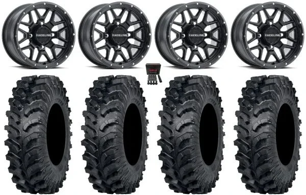 Raceline Krank 14″ Wheels Black +38mm/+10mm 30″ MT911 Tires Can-Am Defender