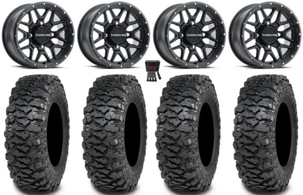 Raceline Krank 14″ Wheels Black +38mm 28″ Savage XT Tires Can-Am Commander Maverick Renegade Outlander Defender