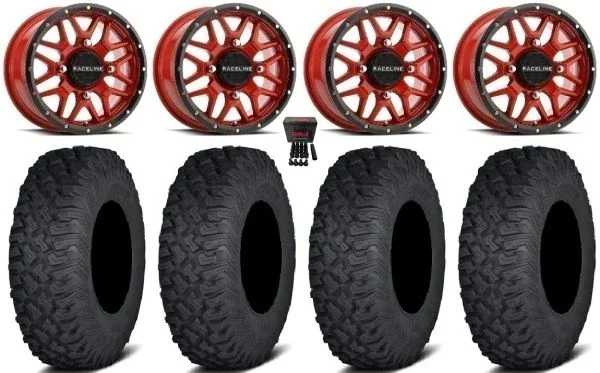 Raceline Krank 14″ Wheels Red 27″ Coyote Tires Can-Am Commander Maverick Renegade Outlander Defender