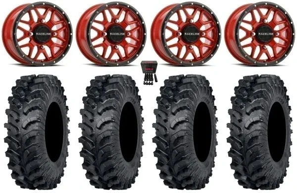Raceline Krank 14″ Wheels Red 27″ MT911 Tires Honda Rincon Yamaha Rhino Kawasaki Brute Force Suzuki KingQuad