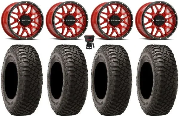 Raceline Krank 15″ Wheels Red 32″ BFG KM3 Tires Kawasaki Mule Pro FXT KRX / Yamaha Wolverine RMAX / YXZ 2019+
