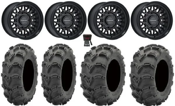 Raceline Omega 14″ Wheels Black 28″ Mud Lite XL Tires Kawasaki Mule Pro FXT KRX / Yamaha Wolverine RMAX / YXZ 2019+