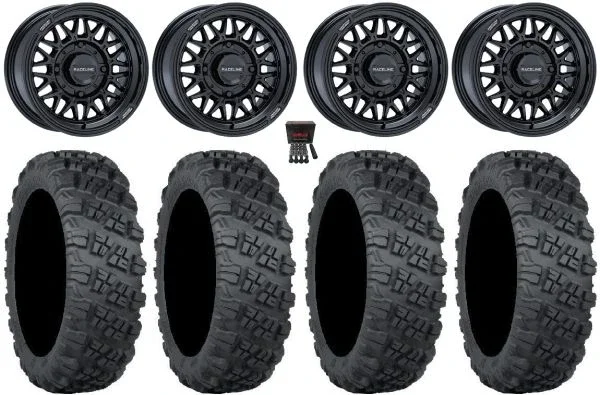 Raceline Omega 15″ Wheels Gloss Black 35″ Versa Cross V3 Tires Can-Am Commander Maverick Renegade Outlander Defender