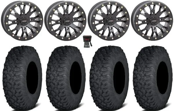 System 3 SB-4 14″ Wheels Black (4+3) 27″ Coyote Tires Can-Am Commander Maverick Renegade Outlander Defender