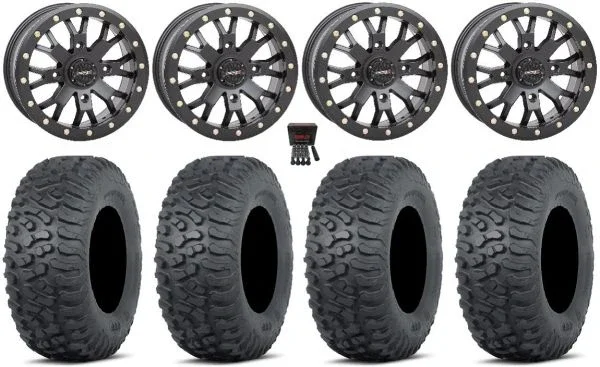 System 3 SB-4 14″ Wheels Black (4+3) 32″ Terra Hook Tires Can-Am Maverick X3 / Honda Pioneer 1000 / Talon