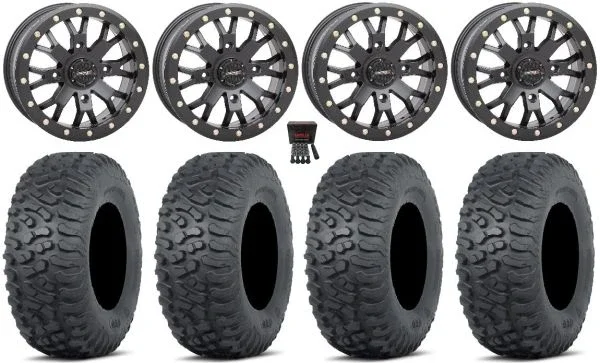 System 3 SB-4 15″ Wheels Black (4+3) 32″ Terra Hook Tires Can-Am Commander Maverick Renegade Outlander Defender