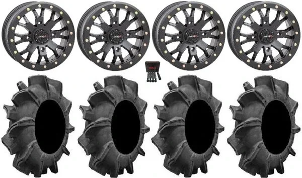 System 3 SB-4 Black (4+3) 14″ Wheels 34″ Assassinator Tires Can-Am Maverick X3 / Honda Pioneer 1000 / Talon