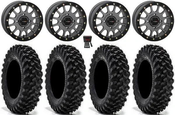 System 3 SB-5 14″ Wheels Grey 34″ Warrior XT Tires Can-Am Commander Maverick Renegade Outlander Defender