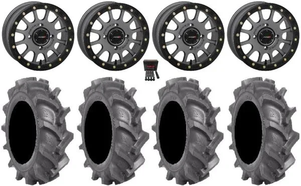 System 3 SB-5 Grey 14″ Wheels 28″ BKT AT 171 Tires Can-Am Maverick X3 / Honda Pioneer 1000 / Talon