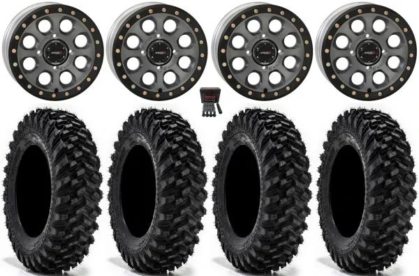 System 3 SB-7 14″ Wheels Ti (4+3) 34″ Warrior XT Sticky Tires Can-Am Commander Maverick Renegade Outlander Defender