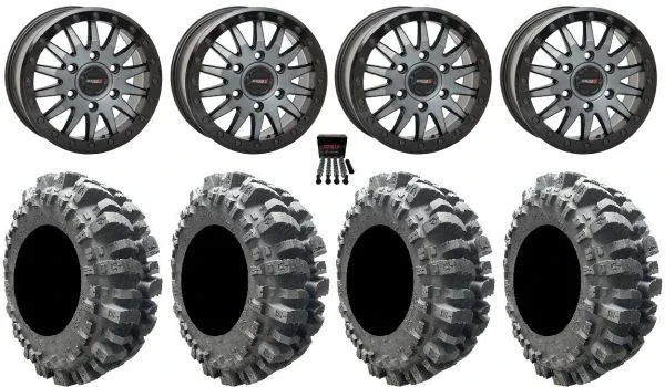 System 3 SB-8 Bdlk 15″ Wheels Gy +68mm 31″ Bogger Tires Can-Am Maverick R