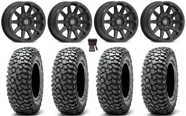 Valor V02 15″ Wheels Black 37″ RocScraper Tires Can-Am Commander Maverick Renegade Outlander Defender