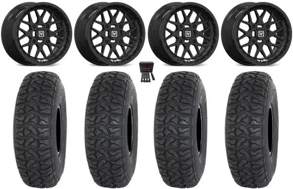 Valor V03 14″ Wheels Black 28″ Chicane LT Tires Kawasaki Mule Pro FXT KRX / Yamaha Wolverine RMAX / YXZ 2019+