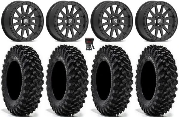 Valor V05 Beadlock 14″ Wheels Black 30″ Warrior XT Tires Kawasaki Teryx Mule