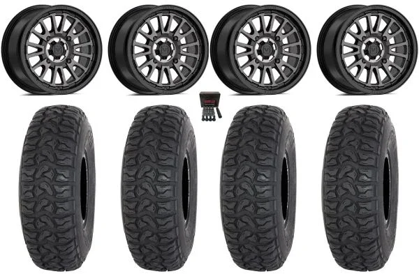 Valor V14 14″ Wheels Dark Tint 28″ Chicane LT Tires Kawasaki Mule Pro FXT KRX / Yamaha Wolverine RMAX / YXZ 2019+