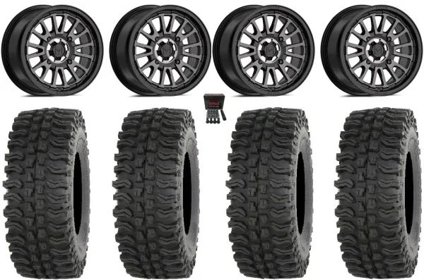 Valor V14 14″ Wheels Dark Tint 30″ BDC Tires Kawasaki Teryx Mule