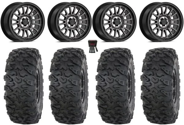 Valor V14 15″ Wheels Dark Tint 30″ Roctane T4 Tires Kawasaki Teryx Mule