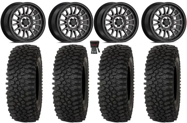 Valor V14 15″ Wheels Dark Tint 35″ Roctane STX Tires Kawasaki Teryx Mule